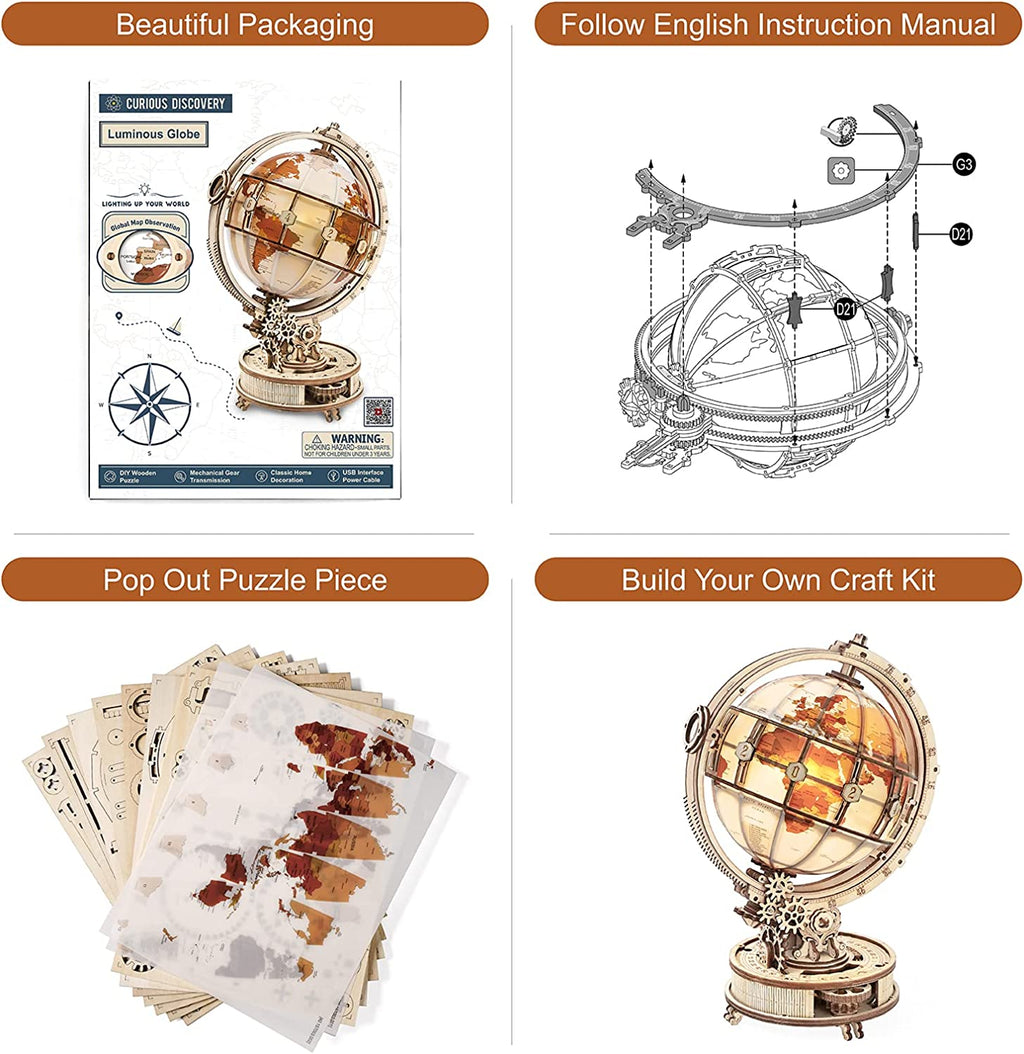 Luminous Globe – 3D Wooden Wooden Puzzle & Light-Up Building Kit